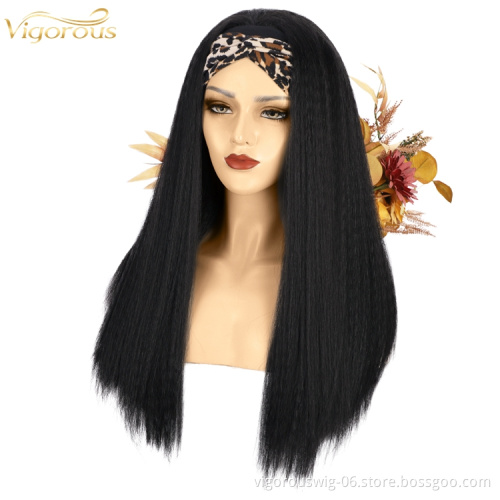 Long Yaki Glueless 2021 Best Quality Wholesale Synthetic Wigs Grip Adjustable Headband Attached For Women Black Wig None Lace